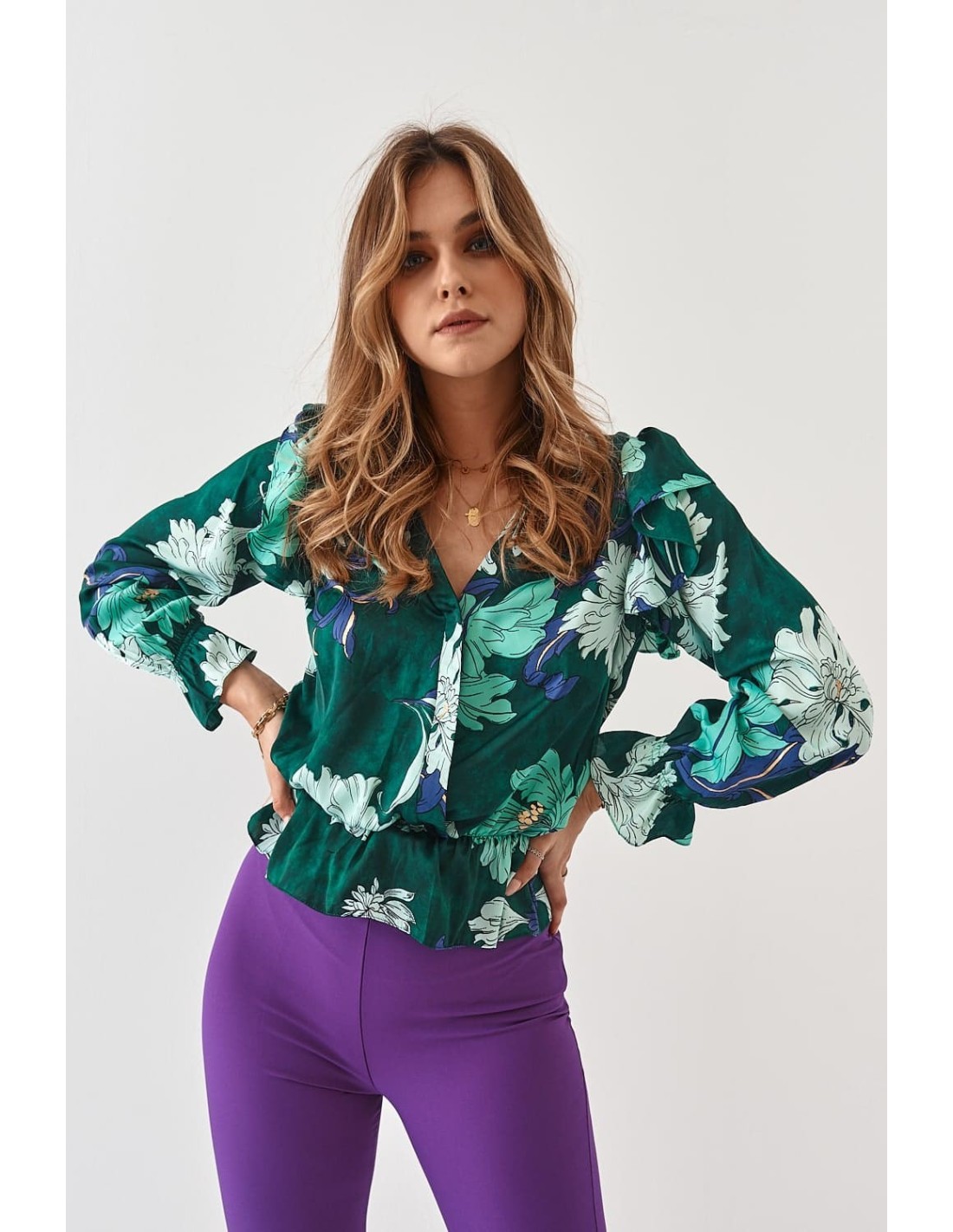 Bluza plic casual cu motive vegetale, verde inchis 20250 - Magazin online - Boutique